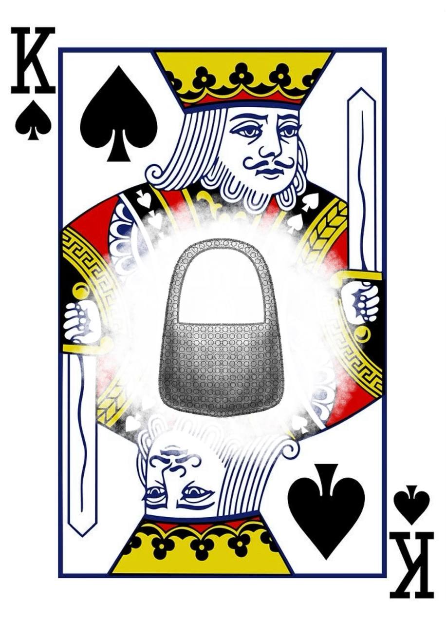 King of spades card featuring a patterned Pilosopo bag